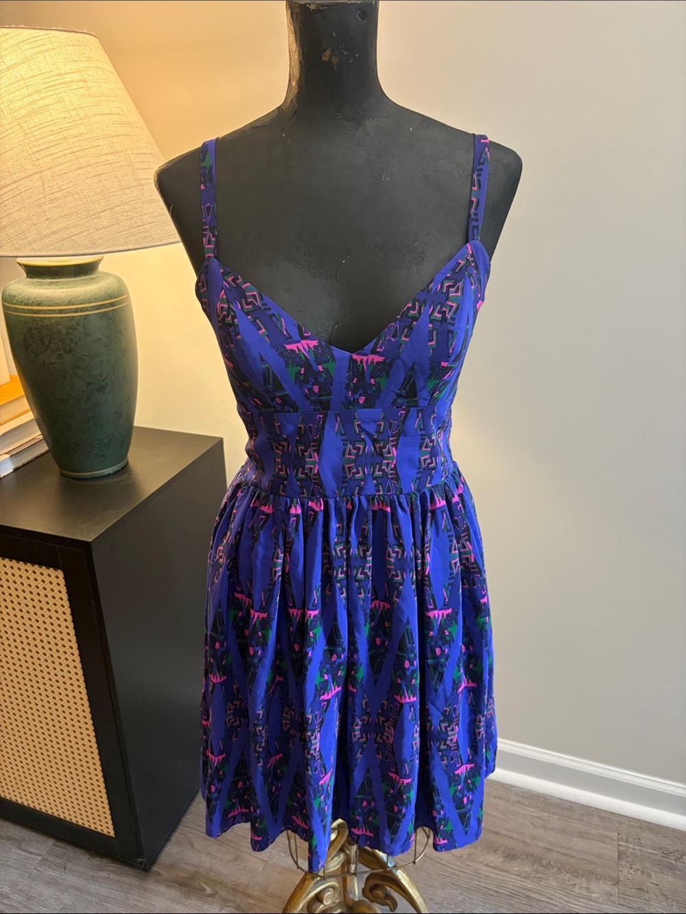 Amanda Uprichard 100% Silk Purple Geometric Print Summer Party Swing Mini Dress